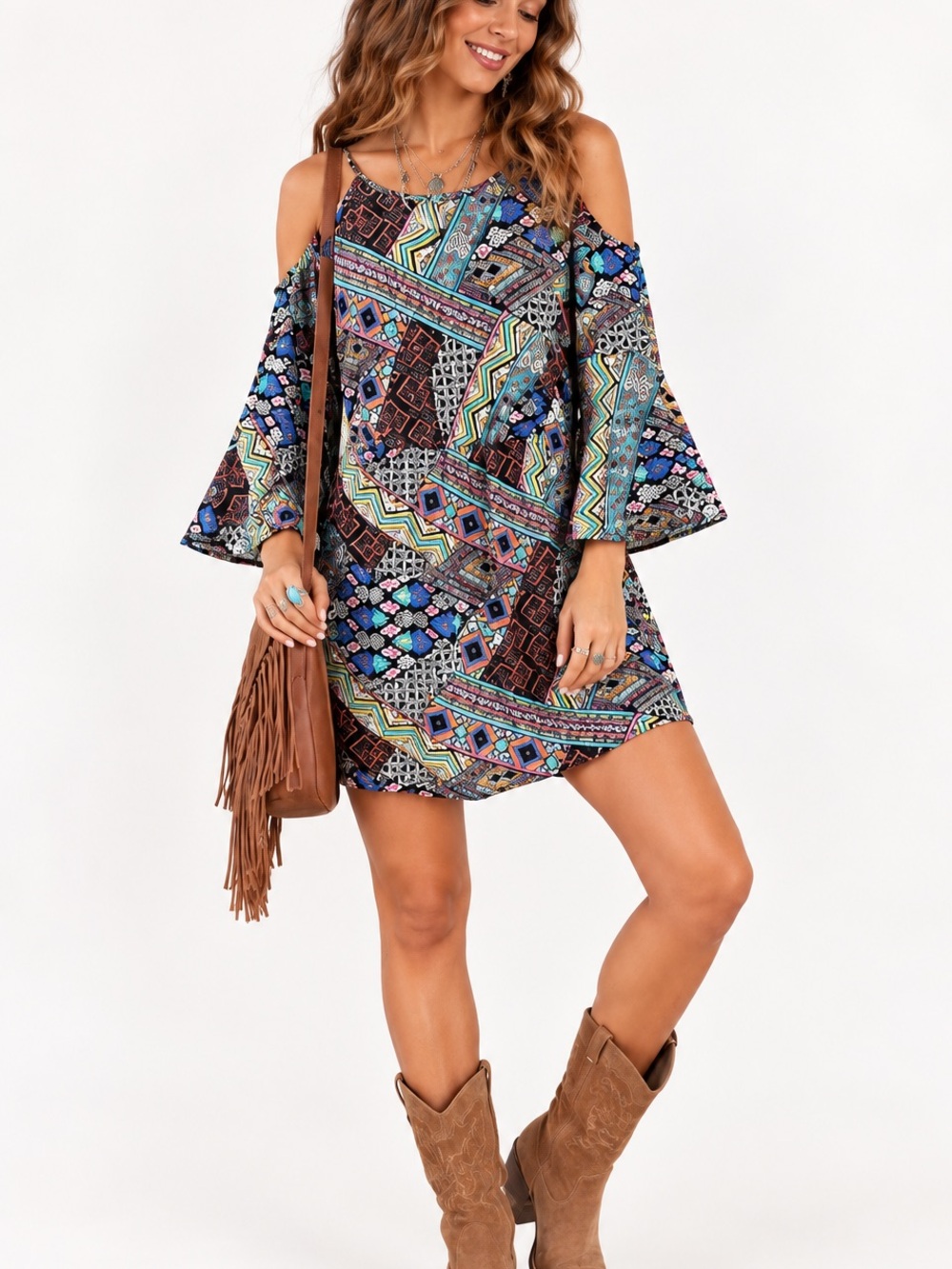 Pink Owl Southwestern Boho Tunic/Mini Dress Cold Shoulder Bell Sleeve Large